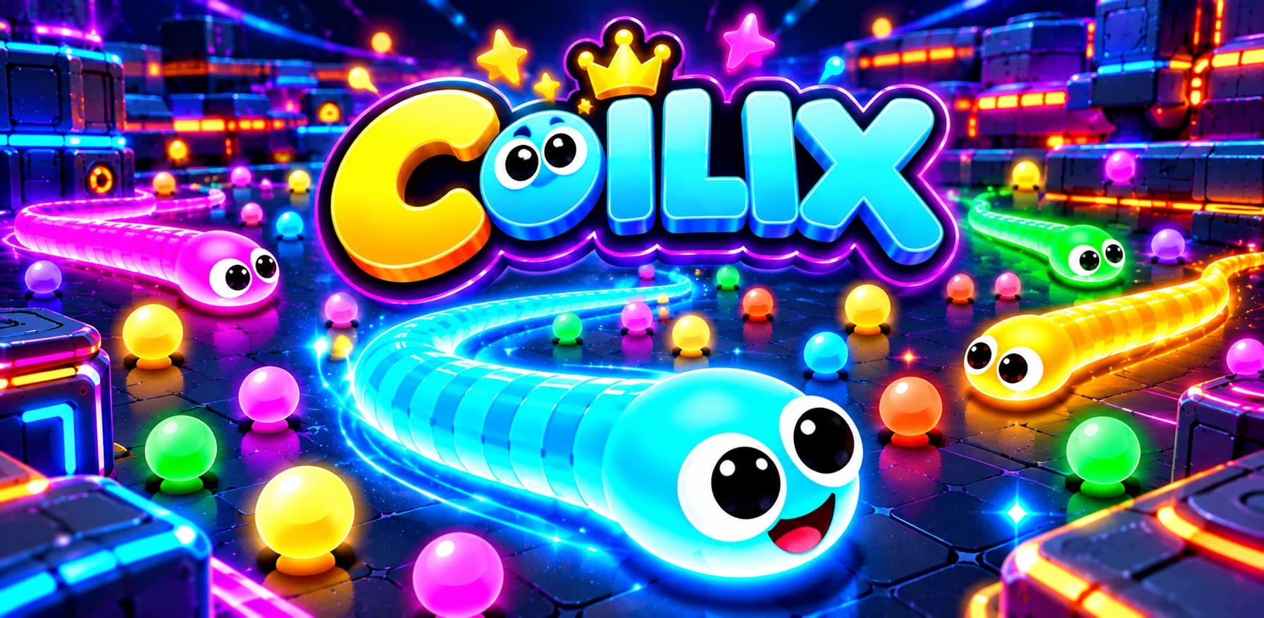 Coilix neon snakes exploring a glowing arcade arena